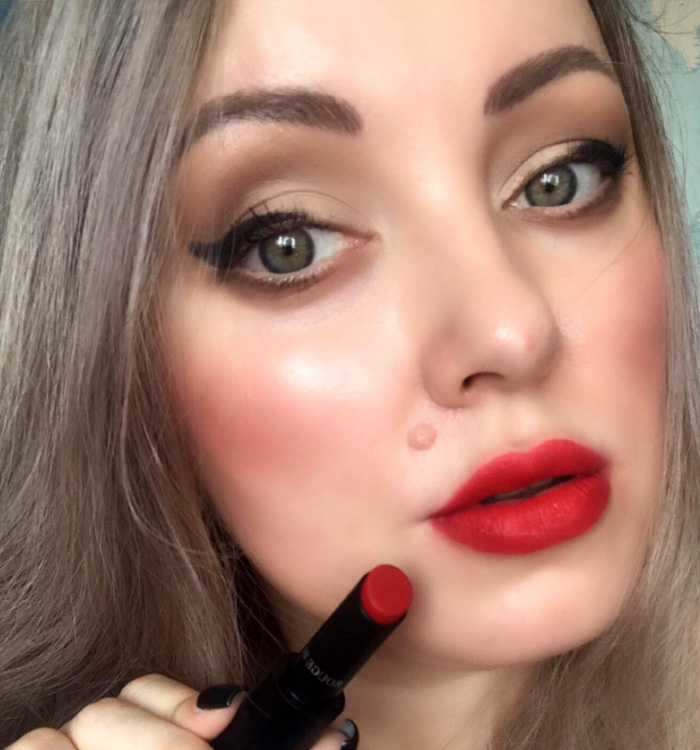 Winged Eye Makeup Look Red Lips