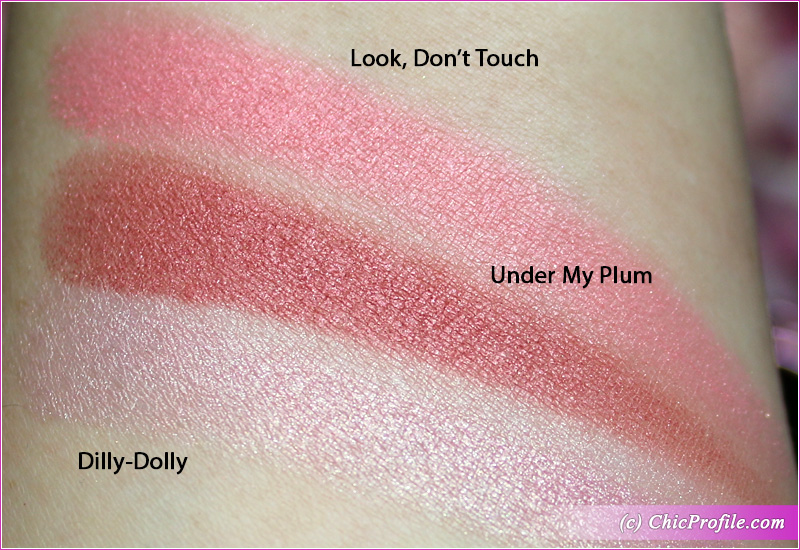 MAC Under My Plum, Dilly-Dolly Extra Dimension Blush Swatches